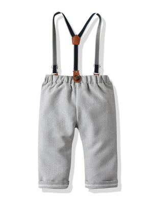 4-piece British Style Toddler Boy Striped Shirt Long Sleeve with Bow Tie & Suspender Casual Pants Set