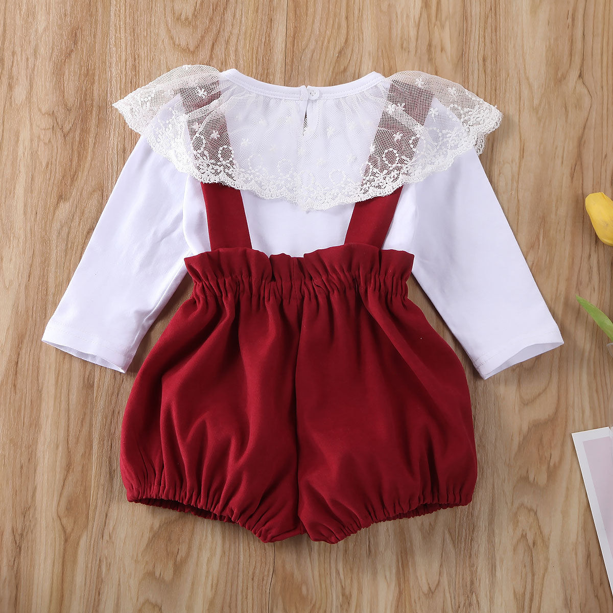 Two Piece Baby Girl Lace Trim Top And Suspender Shorts Set