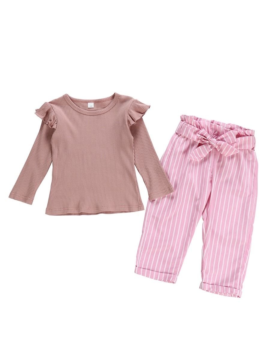 2-Piece Little Girl Flutter Sleeve Ribbed Sleeve Top & Stripe Waist Pants