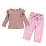 2-Piece Little Girl Flutter Sleeve Ribbed Sleeve Top & Stripe Waist Pants