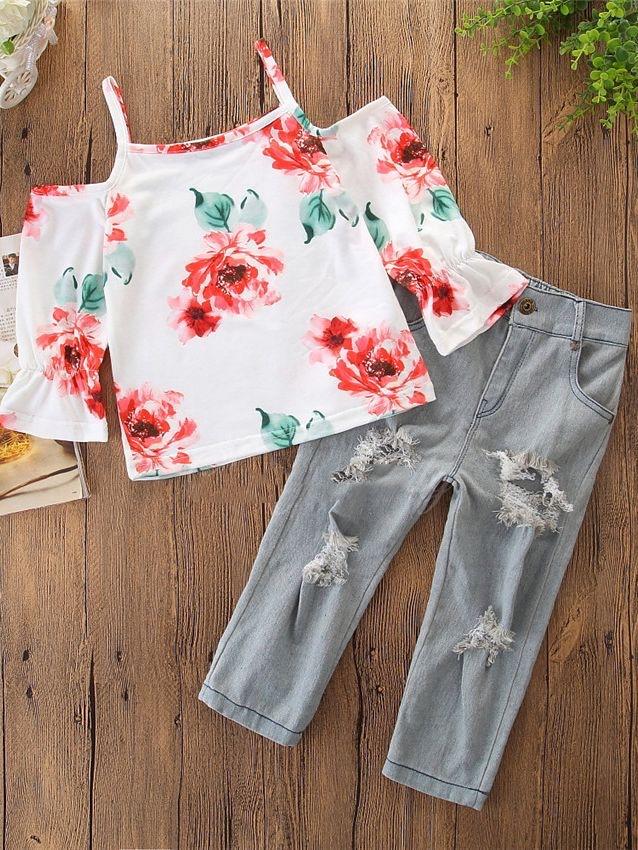 2-piece Little Girl Flower Print Off Shoulder Suspender Top & Frayed Jeans