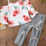 2-piece Little Girl Flower Print Off Shoulder Suspender Top & Frayed Jeans