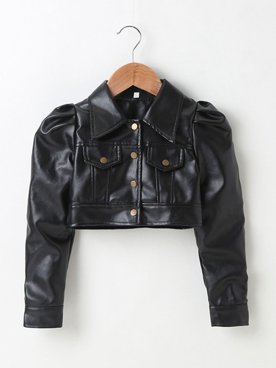 Little Girl Puff Sleeve Crop PU Leather Jacket Black