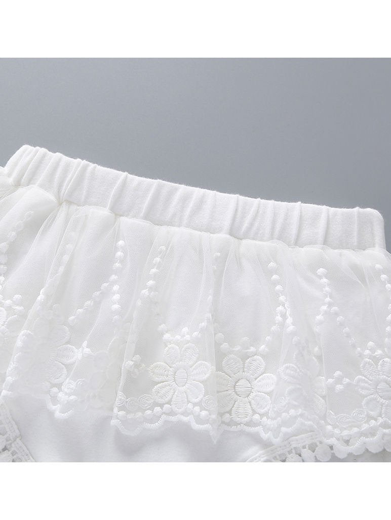 3-Piece Baby Girl Print Off Shoulder Top & White Lace Shorts Headband Set
