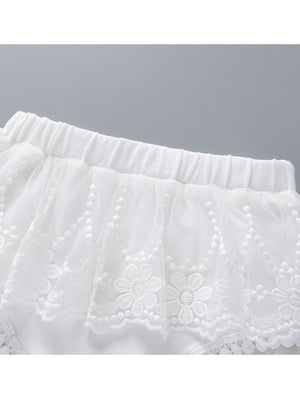 3-Piece Baby Girl Print Off Shoulder Top & White Lace Shorts Headband Set