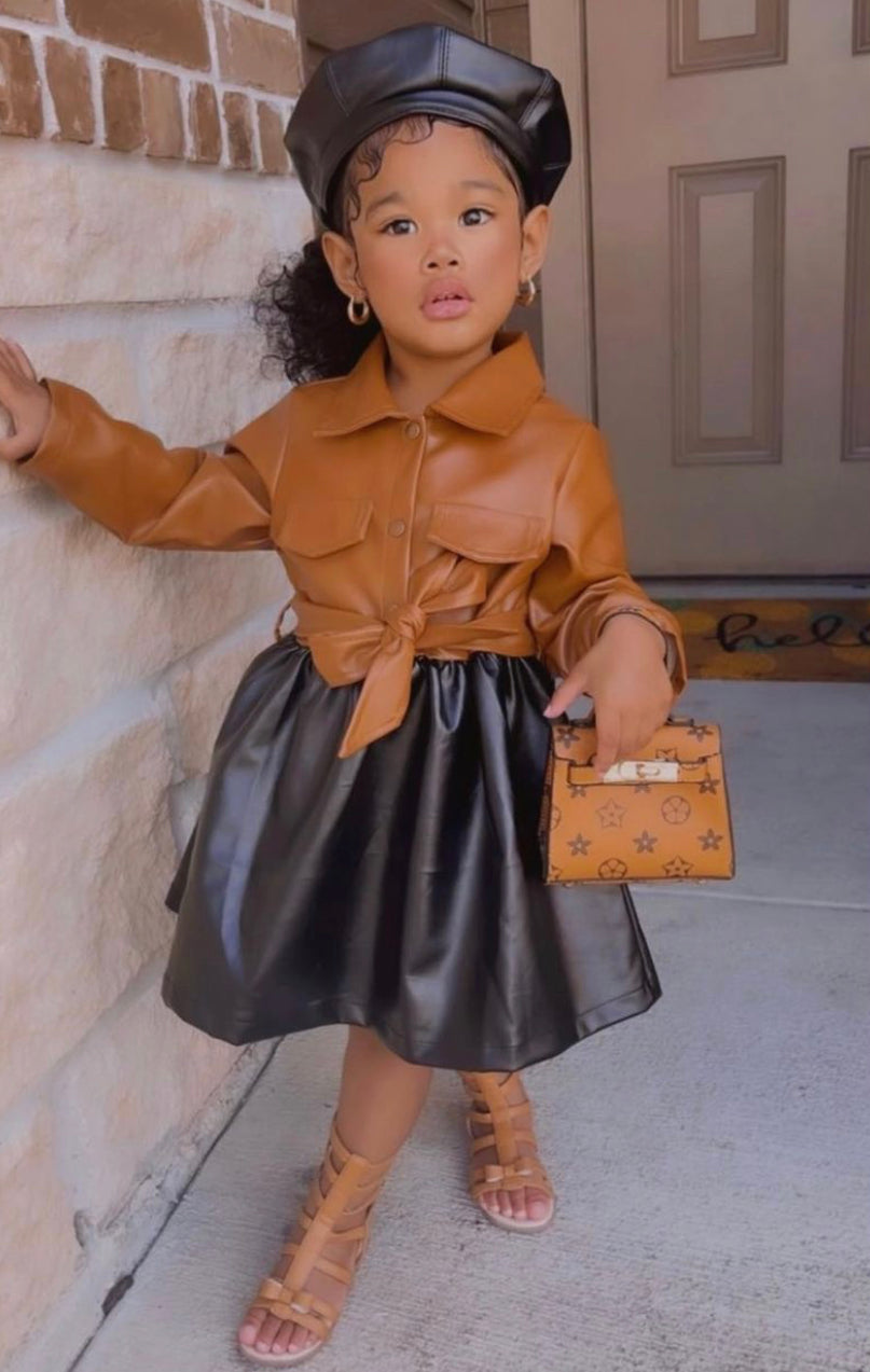 Pre Order Toddler Girl PU Leather Lapel Collar Dress