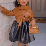 Toddler Girl PU Leather Lapel Collar Dress