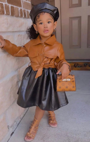 Toddler Girl PU Leather Lapel Collar Dress
