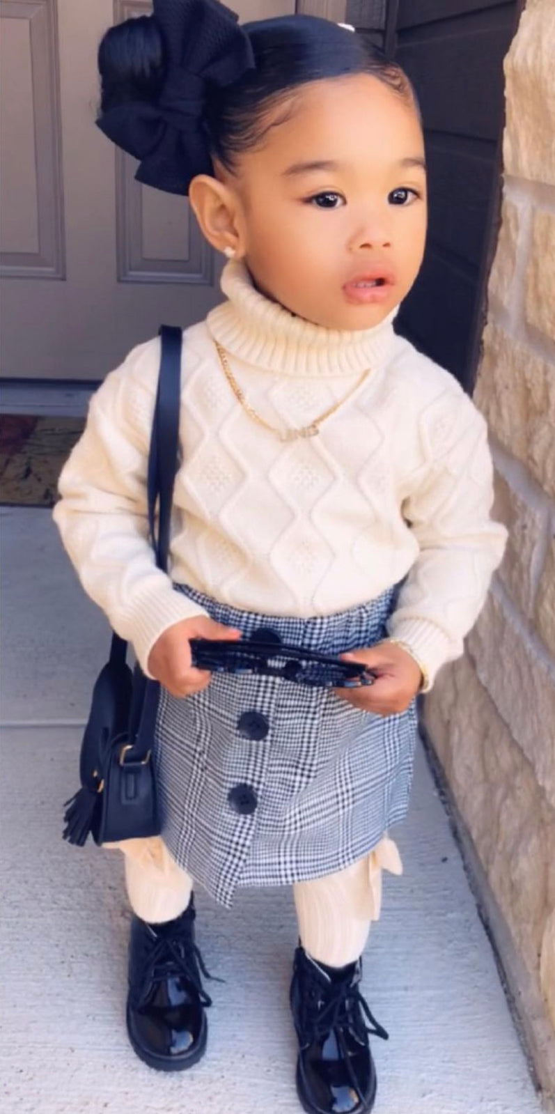 Toddler Girl Turtleneck Sweater And Button Plaid Skirt Outfit Set