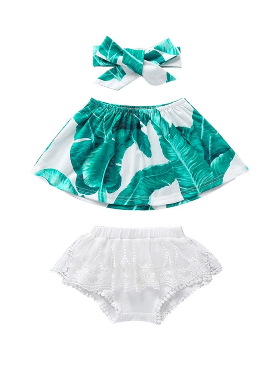3-Piece Baby Girl Print Off Shoulder Top & White Lace Shorts Headband Set