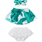3-Piece Baby Girl Print Off Shoulder Top & White Lace Shorts Headband Set