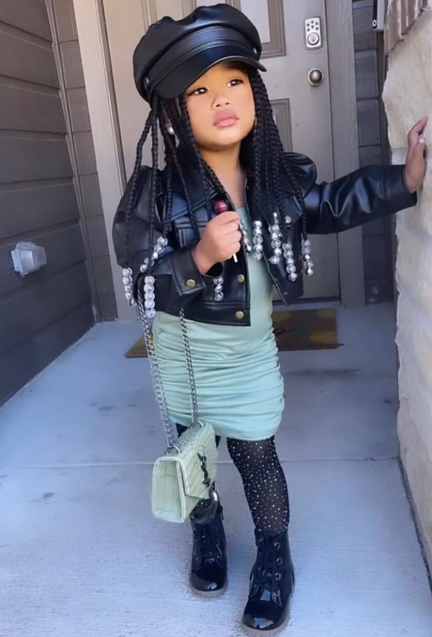 Little Girl Puff Sleeve Crop PU Leather Jacket Black