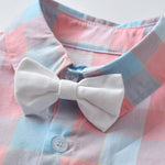 4-Piece British Style Baby Color Blocking Bodysuit Matching Bow Tie & White Suspender Shorts Set