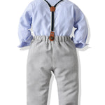 4-piece British Style Toddler Boy Striped Shirt Long Sleeve with Bow Tie & Suspender Casual Pants Set
