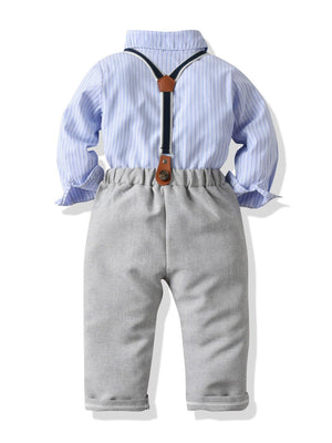 4-piece British Style Toddler Boy Striped Shirt Long Sleeve with Bow Tie & Suspender Casual Pants Set
