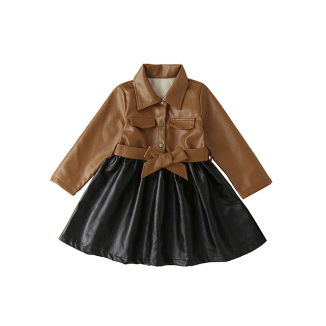 Pre Order Toddler Girl PU Leather Lapel Collar Dress