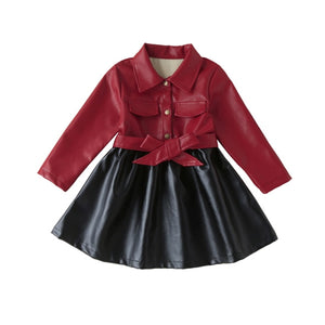 Toddler Girl PU Leather Lapel Collar Dress